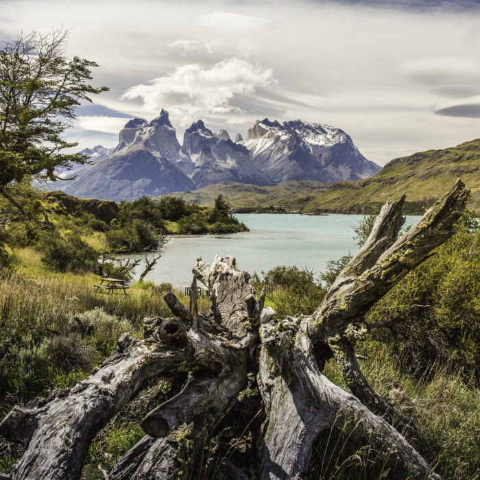 Mountain landscape with Grey Lake, Paine Grande and Cuernos del Paine, Torres del Paine national park, Chile